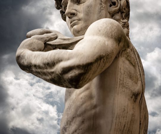 Close up of Statue of the David by Michelangelo Buonarroti, masterpiece of Renaissance sculpture in Piazza della Signoria, Florence downtown, Tuscany, Italy, Europe.